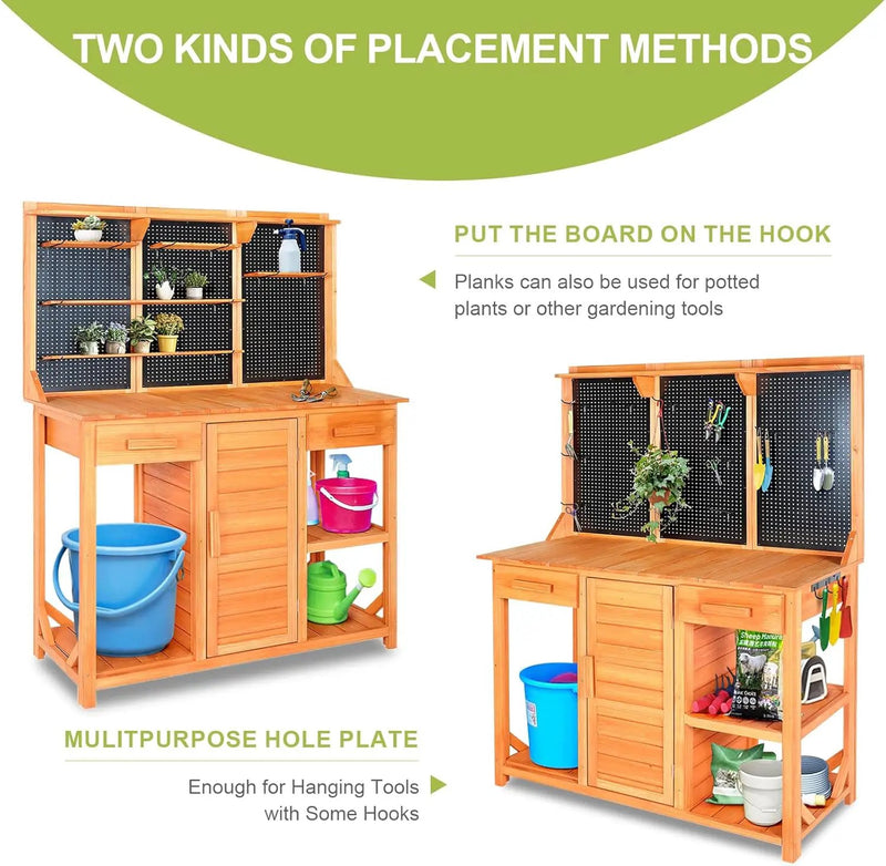 Outdoor Garden Potting Bench, Horticultural Wooden Workstation Table with Storage Drawer, Cabinet, Metal Pegboard, Adjustable Hooks and Shelves for Backyard, Patio, Greenhouse by GreenHaven Gardens