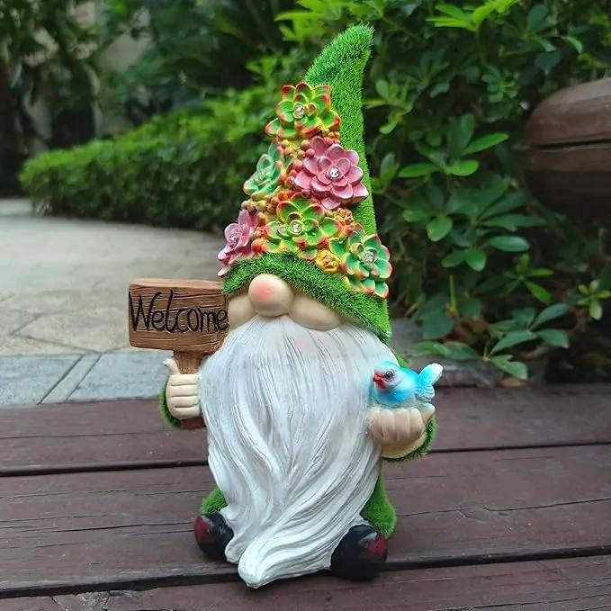Solar Gnomes Garden Statues,Resin Gnome Figurine Holding Welcome Card and Bird with Solar Lights, Outdoor Gnomes Decorations for Yard Patio Lawn Porch, Garden Gifts by GreenHaven Gardens