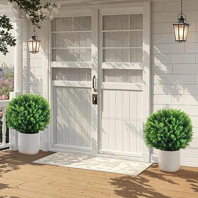 Artificial Topiary Tree with Eucalyptus, Set of 2 UV Resistant 17in Miniature Trees, Outdoor for Porch, Fake Bonsai Topiaries, Greenery Balls, Faux Shrubs for Planters, Curb Appeal Decor by GreenHaven Gardens