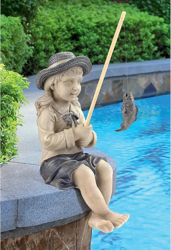 Design Toscano Big Catch Fisherwoman Nellie Girl with Fishing Pole Garden Statue, Medium 17 Inch Tall, Cast Stone Resin, Two Tone Stone Finish by GreenHaven Gardens
