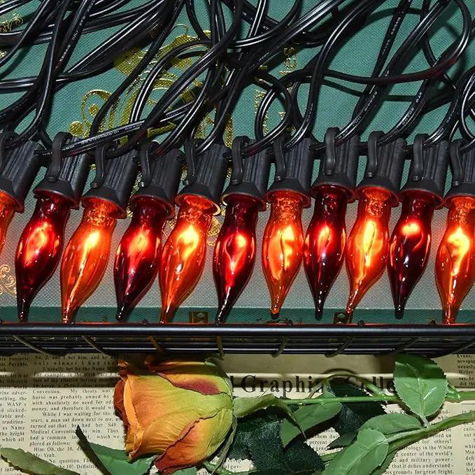27.8 FT Halloween Decorations, C7 Clear Orange and Purple Halloween Lights, Flickering Flame String Lights Outdoor, E12 Screw Base, Flame String Lights for Halloween Garden Patio Party Decor, Black by GreenHaven Gardens