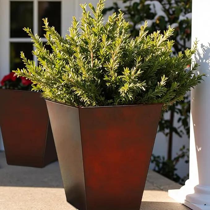 Worth Garden Large Metal Glazed Floor Planter Set of 2-14" Dia x 18" H - Luxurious Glossy Finish Red Tall Square Tapered Steel Plant Pots, Decor Flower Pot Indoor & Outdoor, Drainage Hole by GreenHaven Gardens