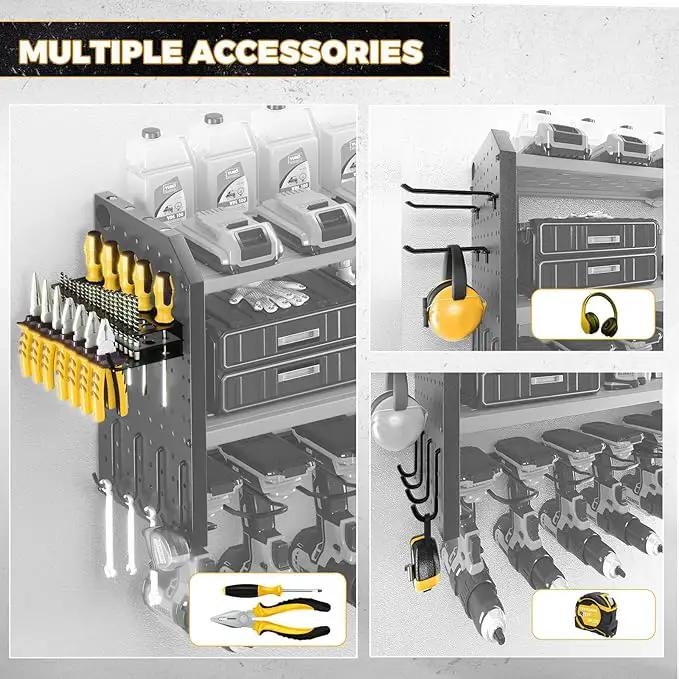 KAFAHOM Power Tool Organizer with Charging Station, Built in 8 Outlet Power Strip,Large 8 Drill Holder Wall Mount, Heavy Duty Metal Power Tool Storage Rack Tool Shelf for Garage Organization Yellow by GreenHaven Gardens