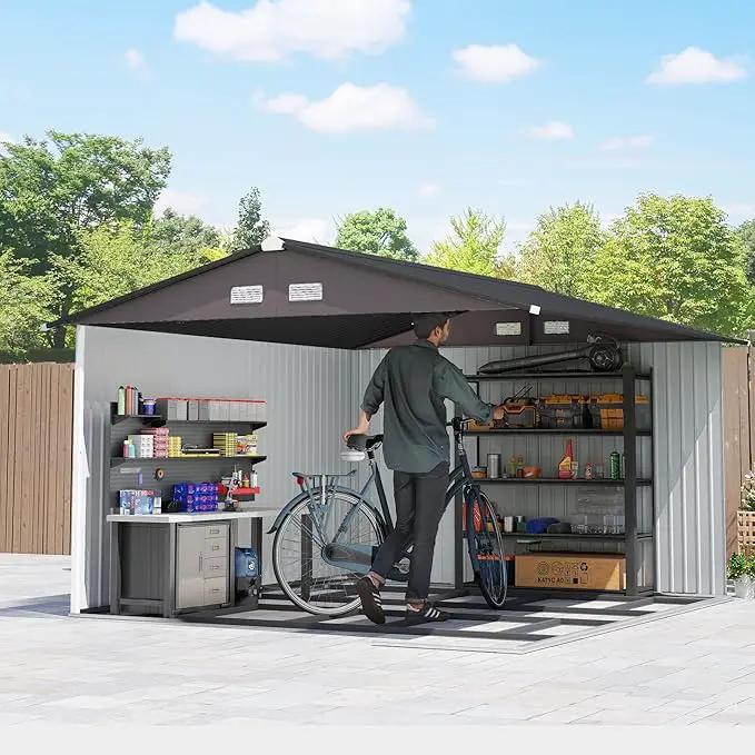 Outsunny 11' x 9' Outdoor Storage Shed, Garden Tool Metal Shed with Foundation Kit, Double Lockable Door, Air Vents and Sloping Roof, for Backyard, Patio, Lawn, Brown by GreenHaven Gardens