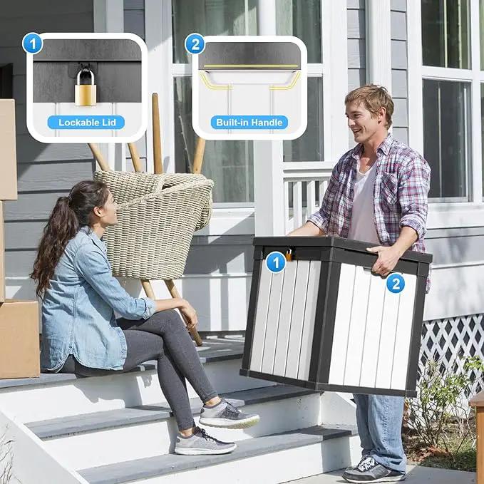 50 Gallon Outdoor Deck Box,Storage Lockable Waterproof Patio Furniture,Garden Tools,Cushions,Pool Accessories Outside Storage Resin Box(SM Black&White) by GreenHaven Gardens