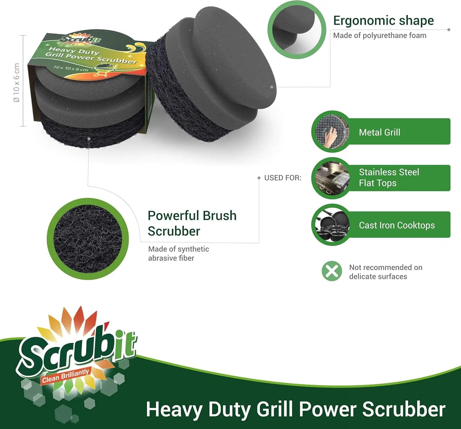 SCRUBIT Grill Cleaning Brush - Grill Sponge Bristle Free BBQ Cleaner with Heavy Duty Scrubber Pad, Safe Cast Iron and Griddle Scraper Pads, Ideal Accessories for Charcoal and Gas Grills - 2 Pack by GreenHaven Gardens