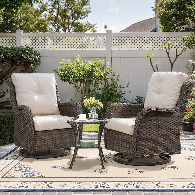 Patio Furniture Set Swivel Rcoker - 3 Pieces Outdoor Glider Rocking Chairs with Small Side Table, Wicker Chair Sets for Porch, Balcony and Garden by GreenHaven Gardens