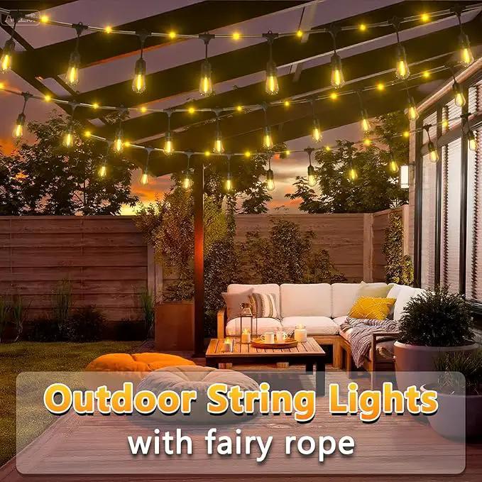 Outdoor String Fairy Lights, 48ft Dimmable Patio Lights with 15+1 S14 Retro Edison Bulbs & 144 Fairy Rope, IP65 Waterproof, LED Outside Hanging Light for Party Backyard Bistro, 7 Strands Connectable by GreenHaven Gardens