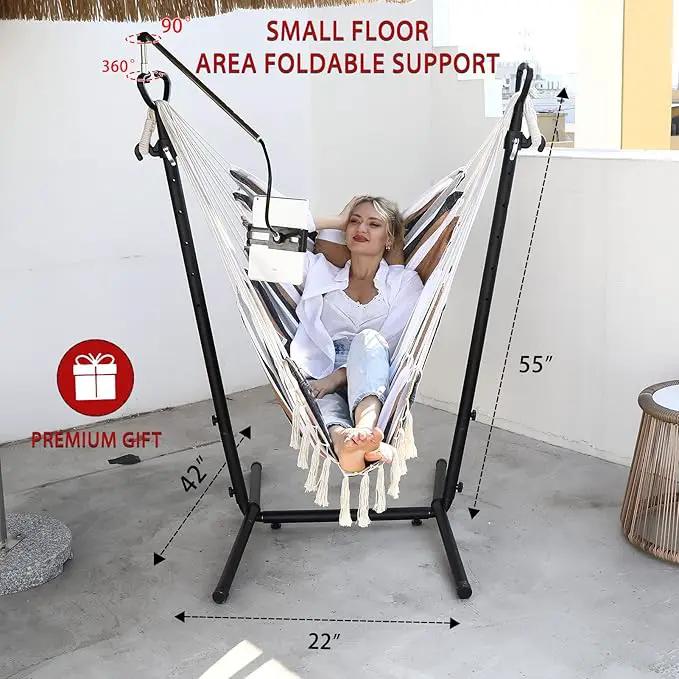 ZEYU Hammock Chair with Stand Double Hammock Chair Bohemian Style with Tassel Mobile Phone Support Manual Adjustable Swing Indoor and Outdoor Garden Porch with Floor mat Reclining Capacity 400 pounds by GreenHaven Gardens