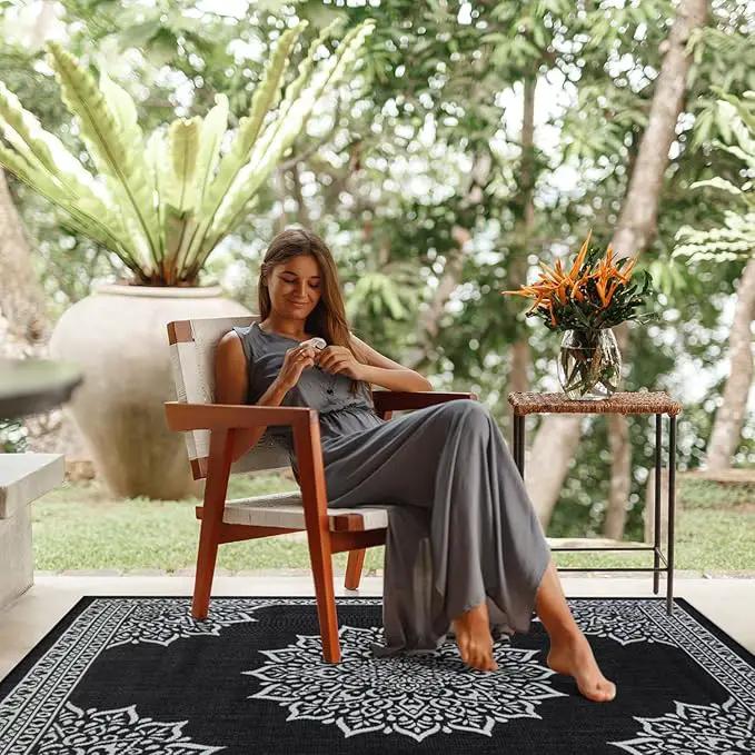 CAMILSON Outdoor Rug, 5x7 Medallion Black White Modern Area Rugs for Indoor and Outdoor Patios, Kitchen and Hallway Mats, Washable Porch Deck Outside Carpet (Medallion Black, 5 x 7) by GreenHaven Gardens