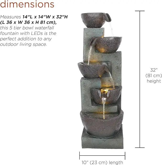Alpine Corporation TZL390 Elegant Outdoor 5 Tier Bowls Waterfall Fountain with LED Lights for Garden, Patio, Yard, and Outdoor Spaces, Relaxing Cascading Fountain, 39" H, Gray by GreenHaven Gardens