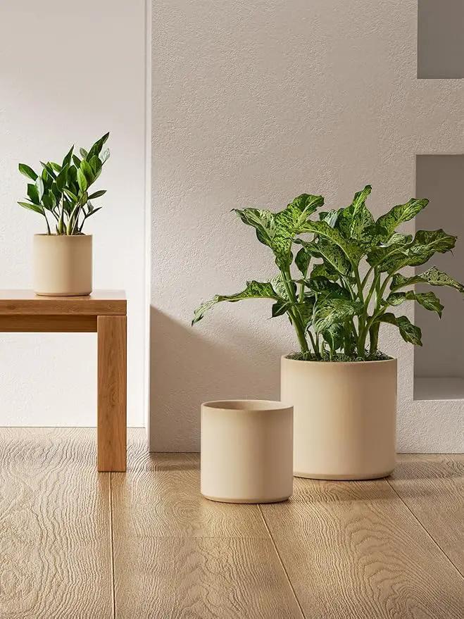 LE TAUCI Large Plant Pots Set, 10/8/6 Inch Ceramic Planters for Indoor Plants, Mid-Century Modern Planter Pots with Drainage Hole and Plug, Round Planter Pots, Set of 3, Reactive Glaze Cloud Cream by GreenHaven Gardens