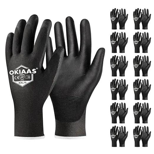 OKIAAS Work Gloves for Men，Ultra Thin and Lightweight Working Gloves with Grip, 12 Pairs Bulk Pack Construction Gloves with Polyurethane Coating for Light Duty Work (Black, XX-Large) by GreenHaven Gardens