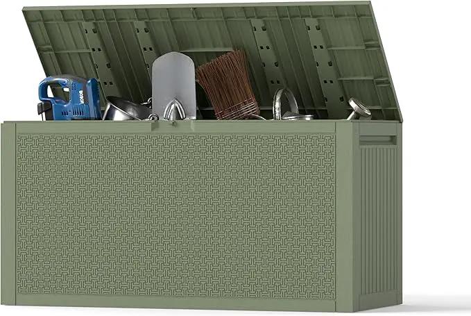 Outdoor Storage Box, 90 Gallon Deck Box, Waterproof Resin Storage Bin for Patio Cushions, Gardening Tools, Lockable, UV Resistant,Olive Green by GreenHaven Gardens