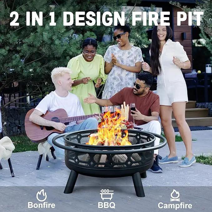 36 Inch Fire Pit, Outdoor Wood Burning Firepit with Removable Grill & Poker, Heavy Duty Metal Round Fireplace,2 in 1 Large Bonfire for Outside,BBQ,Yard,Patio by GreenHaven Gardens