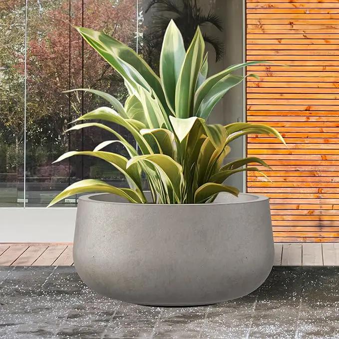 Kante 19.6" Dia Round Concrete Planter, Cement Plant Pots with Drainage Hole and Rubber Plug for Outdoor Indoor Garden Home, Modern Curvaceous Design, Weathered Concrete by GreenHaven Gardens