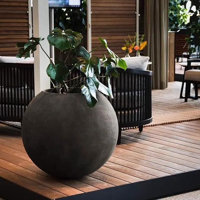 Orbo Large Planter – Fiberglass Indoor/Outdoor and Weather-Resistant Globe Planter (Grey Stone, 35.4" D x 31.3" H) by GreenHaven Gardens