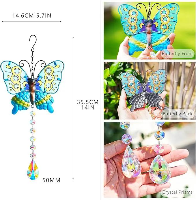 Set 2 Metal Butterfly Suncatchers for Windows - 14" Outdoor Fence Wall Art Decor, Rainbow Prisms Sun Catchers with Crystals Hanging for Home Garden Ornament by GreenHaven Gardens
