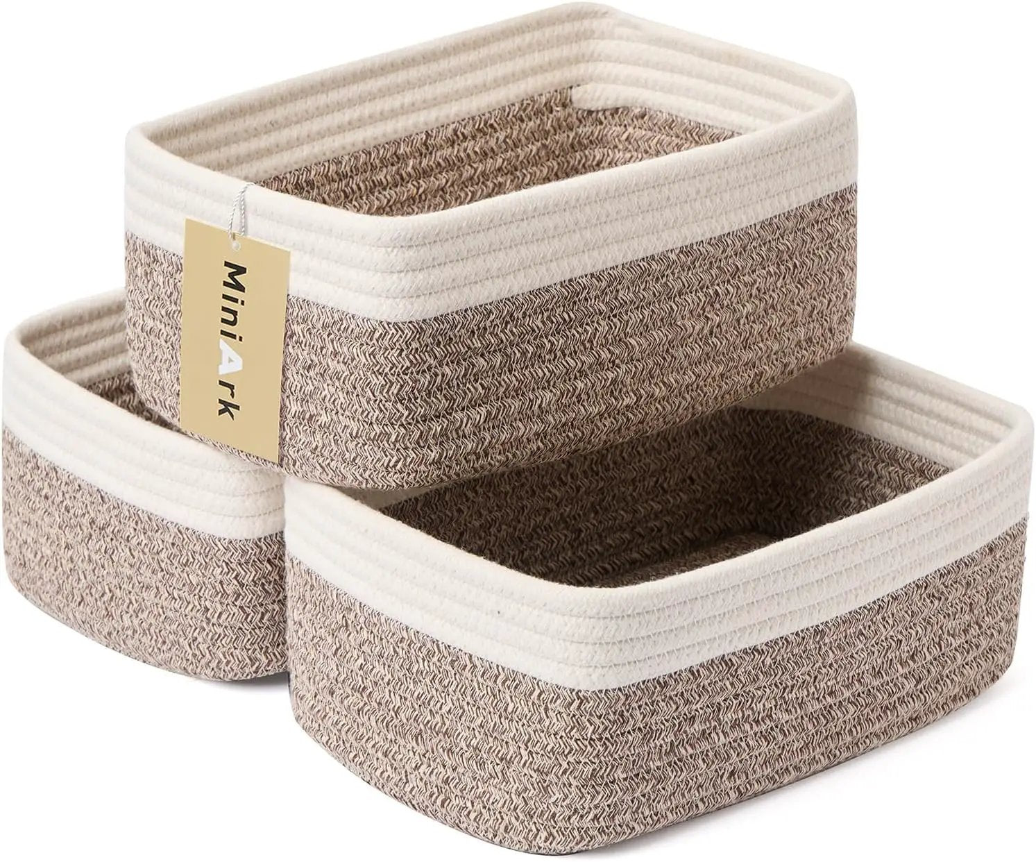Small Storage Baskets for Organizing | Closet Organizer Bins | Shelf Toy Basket | Woven Rope Baskets | Cube Decorative Box | Shallow Basket | 11.5x7.5x4.7” | 3 Packs White Brown by GreenHaven Gardens