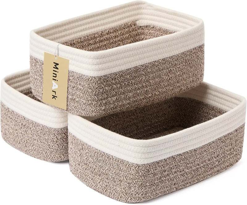 Small Storage Baskets for Organizing | Closet Organizer Bins | Shelf Toy Basket | Woven Rope Baskets | Cube Decorative Box | Shallow Basket | 11.5x7.5x4.7” | 3 Packs White Brown by GreenHaven Gardens
