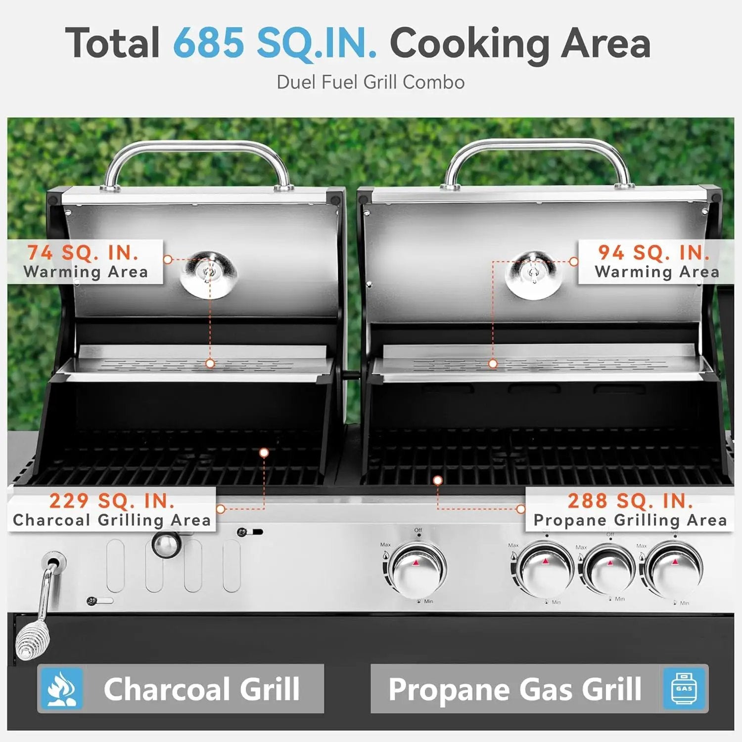 3 Burner Propane Gas and Charcoal Grill Combo with Side Burner & Porcelain-Enameled Cast Iron Grates, 37,000 BTUs 685 SQIN Dual Fuel Outdoor BBQ Grill for Patio Garden Picnic Backyard Barbecue Cooking by GreenHaven Gardens