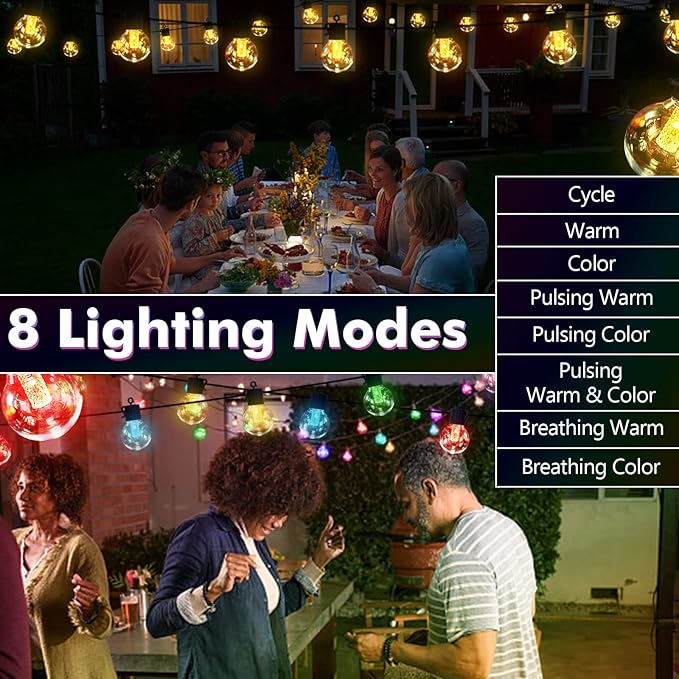 50FT Solar String Lights for Outside – Multicolor & Warm White G40 LED Bulbs, 8 Modes, Shatterproof Waterproof Solar Powered Outdoor String Lights with USB Charging, Patio Lights for Gazebo, Camping by GreenHaven Gardens