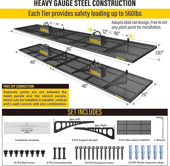 4-Pack 1.64x4ft Adjustable Garage Wall Shelving 1120lbs Load Capacity Heavy Duty Wall Mounted Storage Shelf Metal Floating Shelves for Garage(Black) by GreenHaven Gardens