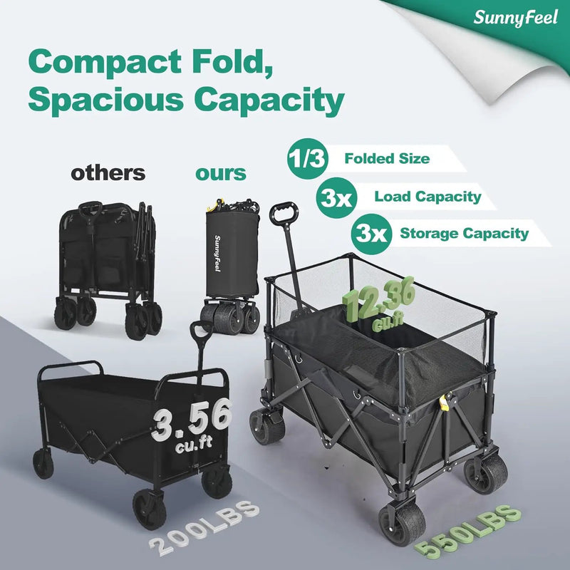 SUNNYFEEL Heavy Duty Collapsible Outdoor Utility Wagon Cart 500LB Capacity Adjustable Handlebar,Foldable Beach Wheels Stable Durable Oxford Fabric for Shopping Garden Camping (Black, Tall Version) by GreenHaven Gardens
