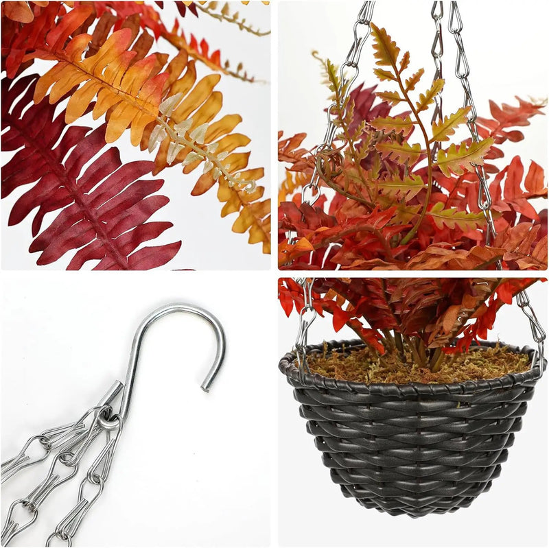 Hollyone Fall Hanging Baskets Small Artificial Fern Orange 21 Leaves Fall Hanging Decor Plant Boston Ferns Silk Plants with Black Rattan Baskets Outdoors Indoor Fake Fern Autumn Decorations for Home by GreenHaven Gardens