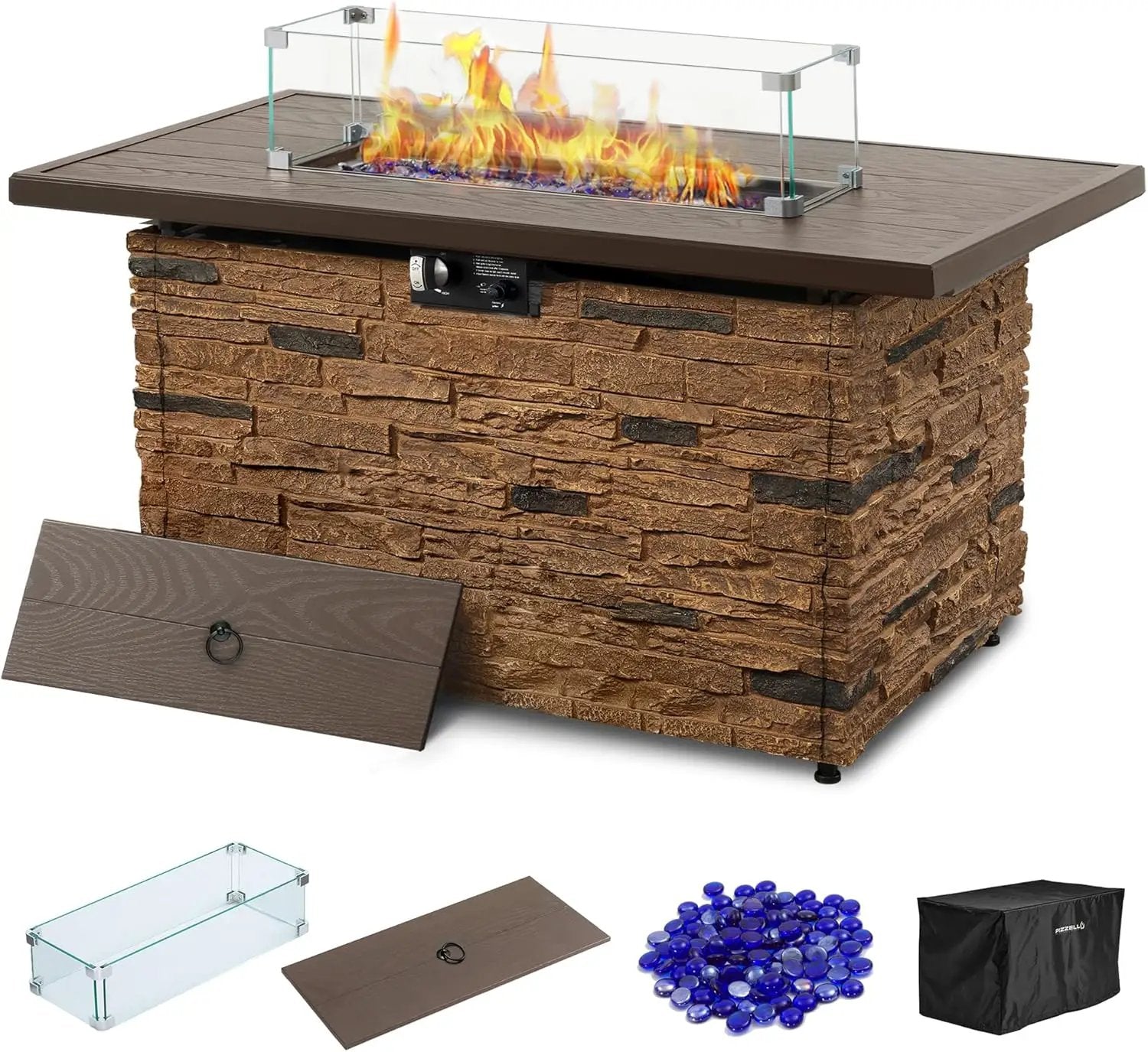 43” Propane Fire Pit Table Outdoor Rectangular Stone Firepit Table 50,000 Btu Propane Fire Tables for Outside Patio with Glass Wind Guard, Lid, Fire Glass Beads,Brown Rock Look by GreenHaven Gardens
