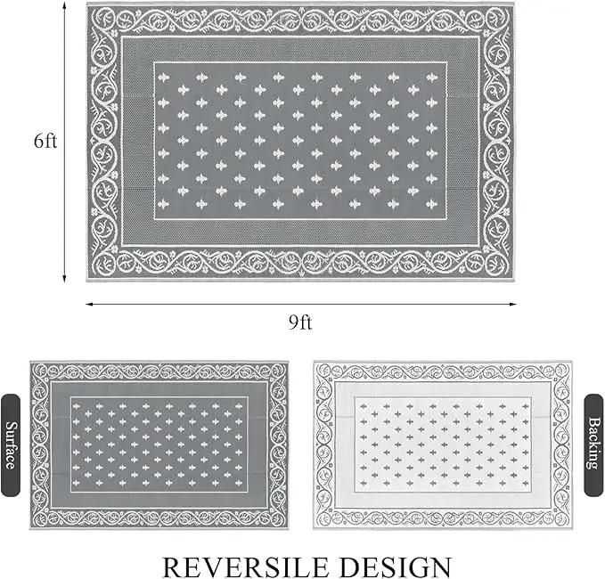 Pauwer Waterproof Outdoor Rug 6x9, Reversible Plastic Straw Patio Camping Rug, Indoor Outdoor RV Mat Carpet for Deck, Camper, Porch, Balcony, Backyard, Picnic, Bordered Grey by GreenHaven Gardens