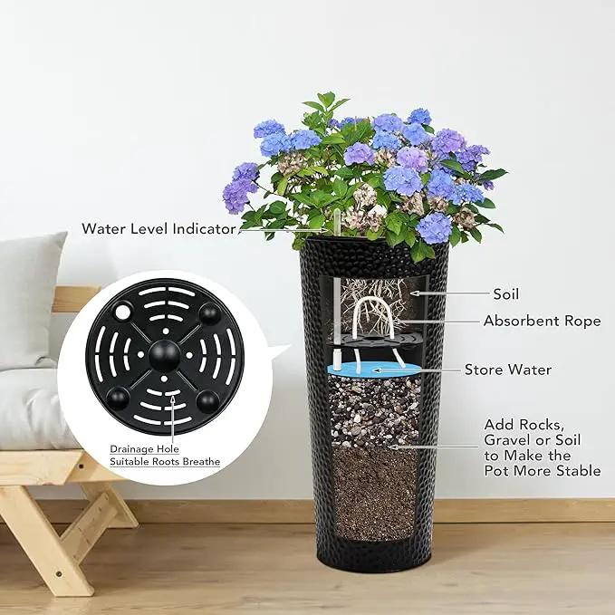 KOL 28" H. Tall Metal Cone Planters with Inside Pots 2-Pack, Black Hand-Hammered Large Decor Planter for Deck, Patio, Porch - Handcrafted Flower Pot - with Water Level Indicator - Indoor Outdoor Use by GreenHaven Gardens
