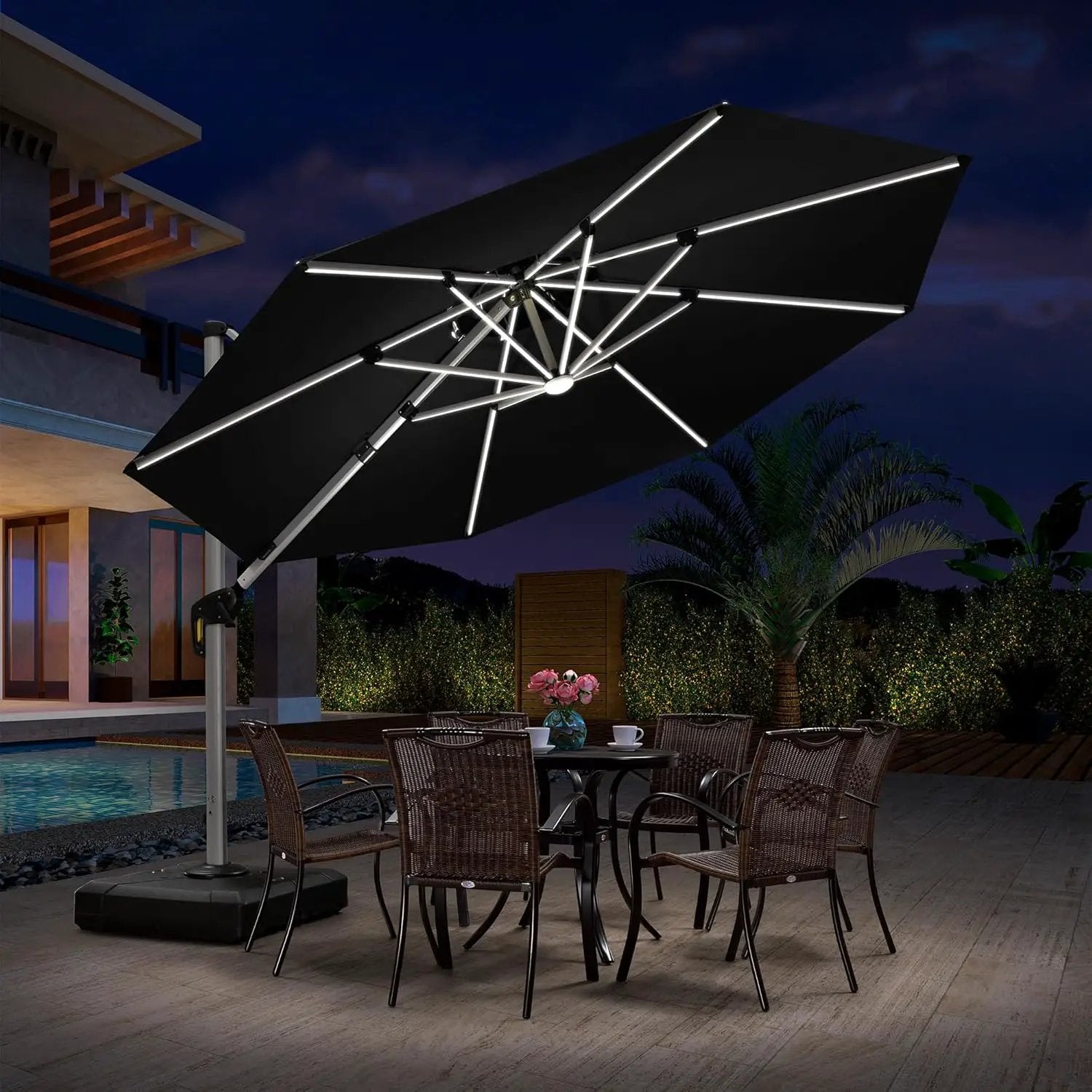 PURPLE LEAF 11ft Patio Umbrella With Base Solar powered LED Cantilever Umbrella with LED lights Windproof Outdoor Offset Umbrella for Garden Deck Pool Patio, Black by GreenHaven Gardens