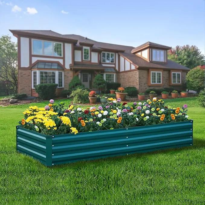 Raised Garden Bed Green, 8x4x1FT Garden box Outdoor for Gardening Vegetables Flower, Garden Raised Planter Box Large, Metal Raised Bed by GreenHaven Gardens
