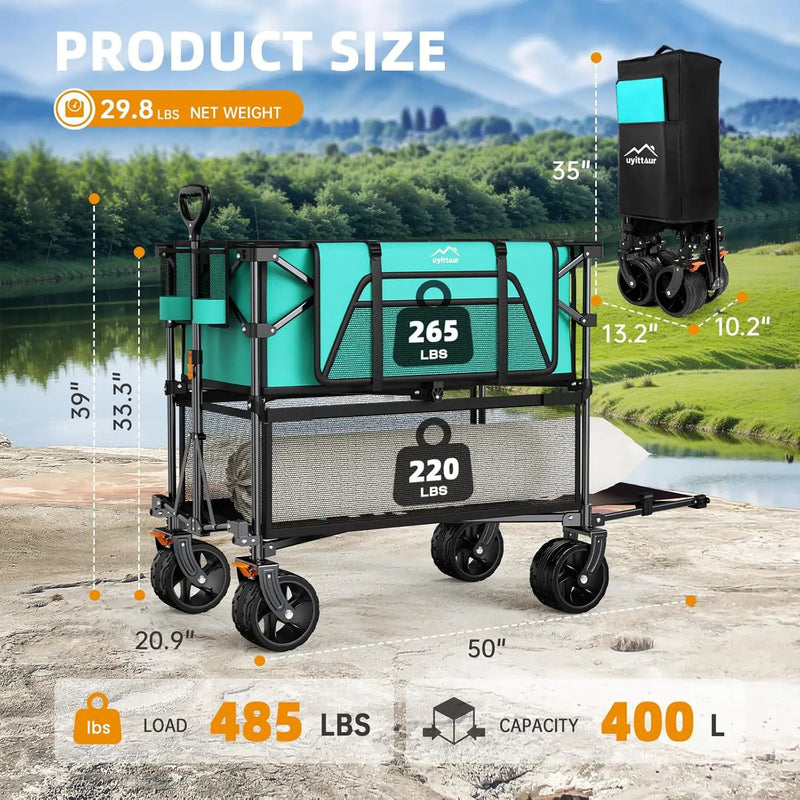 Foldable 50''L Extra Long Double Decker Wagon for Sport, 400L Collapsible Heavy Duty Wagon Cart with Big Wheels, Utility All-Terrain Large Extender Cart for Outdoors, Light Blue by GreenHaven Gardens
