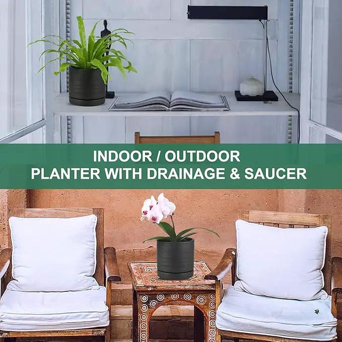 6 Inch Plant Pots, Ceramic Planter Pot with Drainage Hole & Saucer, Indoor/Outdoor Cylinder Round Planter Pot, Matte Black by GreenHaven Gardens