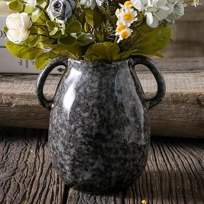 Black Ceramic Vase with 2 Handles, Modern Farmhouse Decor, Rustic Terracotta Pottery, Decorative Flower Vases, Clay Small Vase, Centerpiece for Dining Table - 7 Inch Tall by GreenHaven Gardens