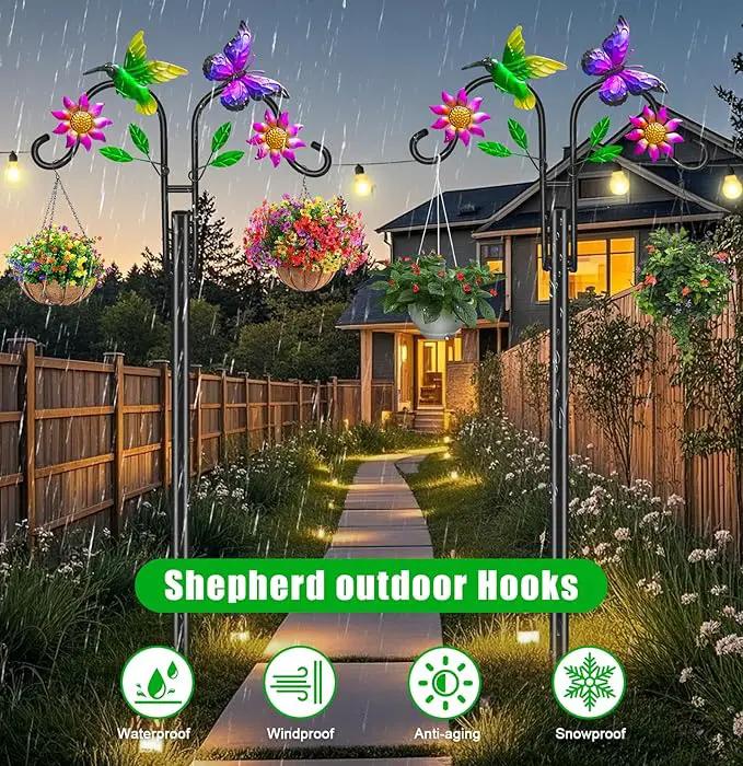 Double Shepherds Hooks for Outdoor, Artistic Hummingbird & Flower Design, 5 - Prong Base, Ideal for Bird Feeders, Baskets & Lanterns (1 Pack) by GreenHaven Gardens