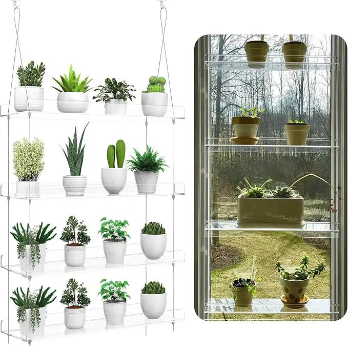 4-Tier Hanging Clear Plant Shelves for Windows, Acrylic Window Wall Plant Stand Shelf for Kitchen Indoor Gardens, Flower, Succulents, Herb, Seedling Organization, and Pots Display, 16 Inch per Tier by GreenHaven Gardens