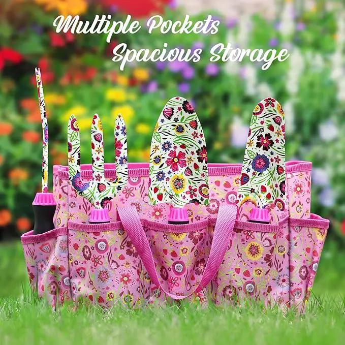 Gardening Tools Set, 10 PCS Stainless Steel Heavy-Duty with Non-slip Soft Rubber Handle with Large Garden Bag, Floral Pattern Gardening Tool Set Gifts for Women Birthday Mother's Day, Pink by GreenHaven Gardens