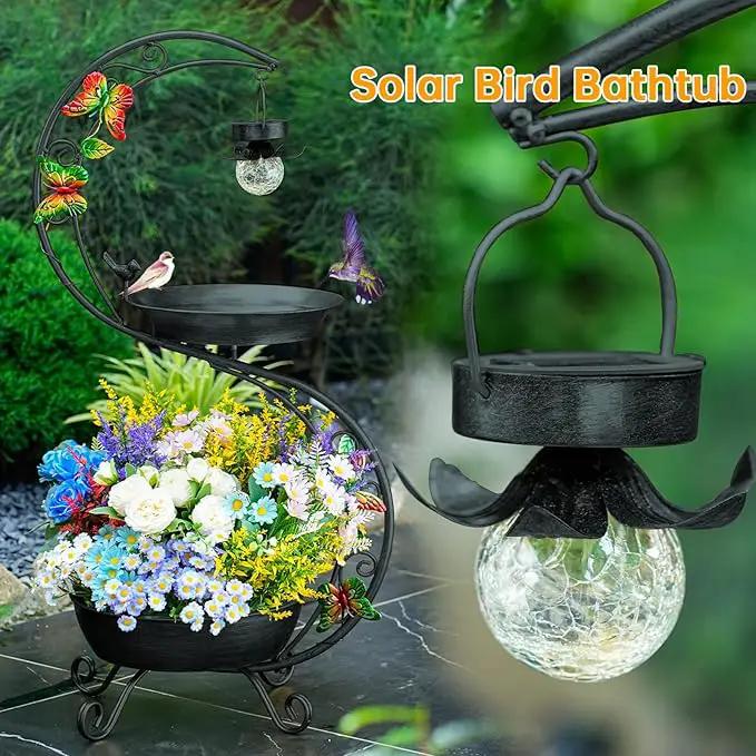 Bird Bath for Outside with Solar Lamp, 36" Birdbaths for Outdoors with Planter Flower Pot, Metal Bird Bath Bowl for Garden Yard Decor (All Black) by GreenHaven Gardens