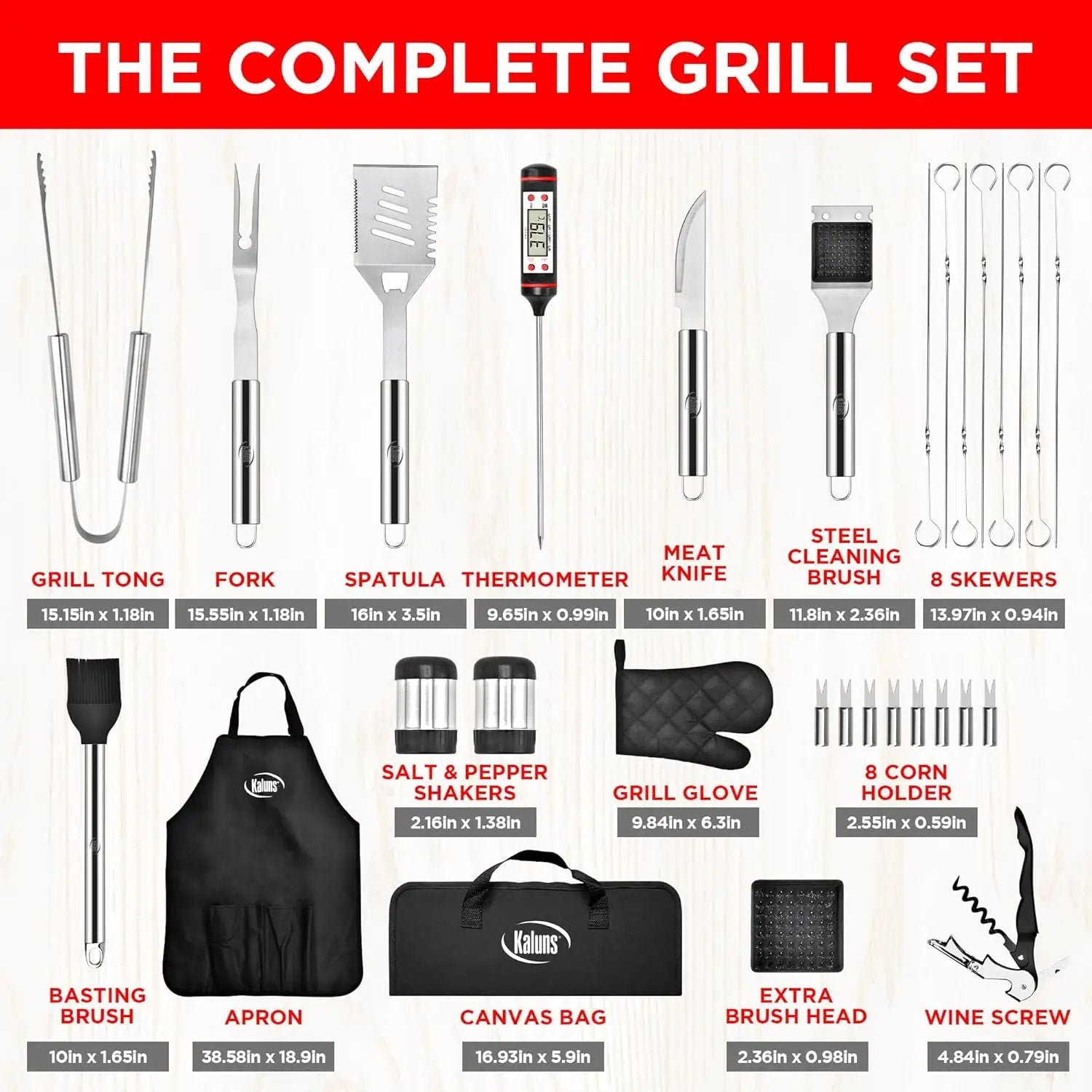 Kaluns Grilling Accessories, Dad Gifts for Christmas Grilling Gifts, Heavy Duty Stainless Steel Grill Set BBQ Grill Accessories for Outdoor Grill with Meat Thermometer, Case and Apron by GreenHaven Gardens