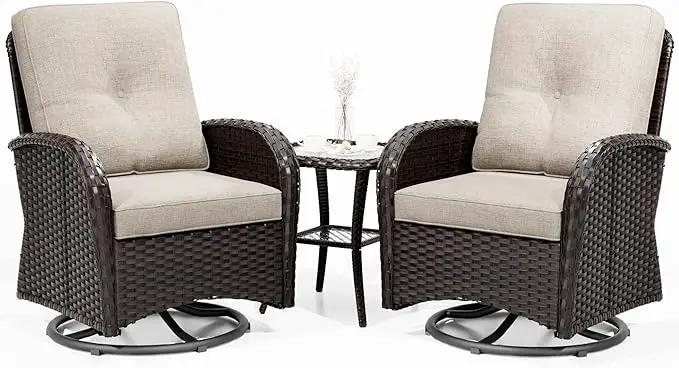 Joyside Outdoor Swivel Rocker Chairs, 3 Piece Wicker Patio Set with Thick Cushion and Side Table, Rattan Patio Swivel Rocking Chairs for Porch, Deck Use (Brown/Beige, 3 PCS) by GreenHaven Gardens