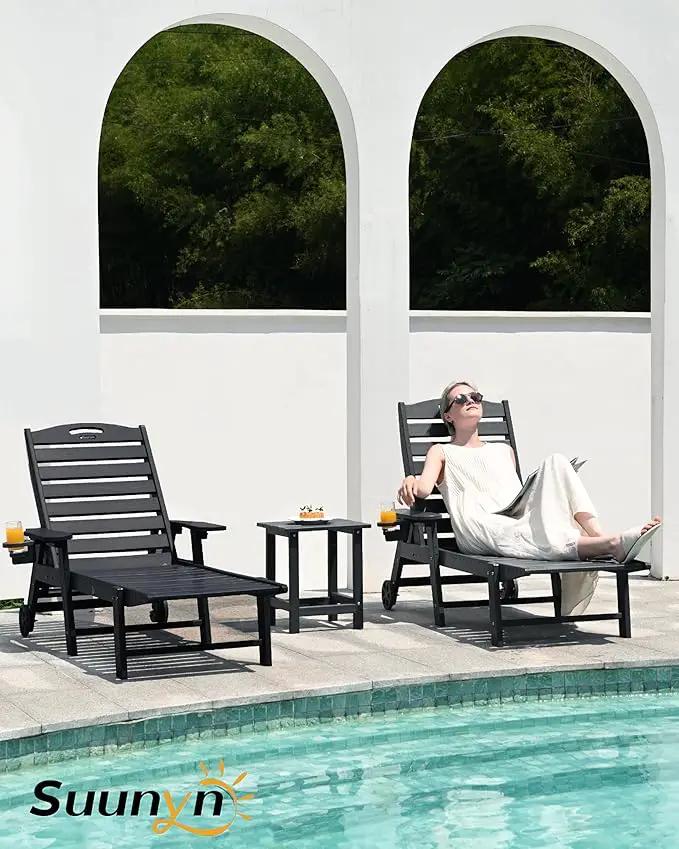 Lounge Chair Outdoor, Chaise Lounge Outdoor, HDPE 6-Position Lounge Chair for Outside, Patio Lounge Chair with Wheels & Cup Holder for Pool Poolside Deck Backyard, Black by GreenHaven Gardens