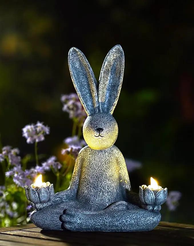 Goodeco Zen Rabbit Statue with Solar Lotus - Garden Yoga Bunny with LED Solar Lotus Lights, Sitting Meditating Buddha Rabbit Serene Resin Figurine for Patio Yard Lawn Ornaments, Home or Outside by GreenHaven Gardens