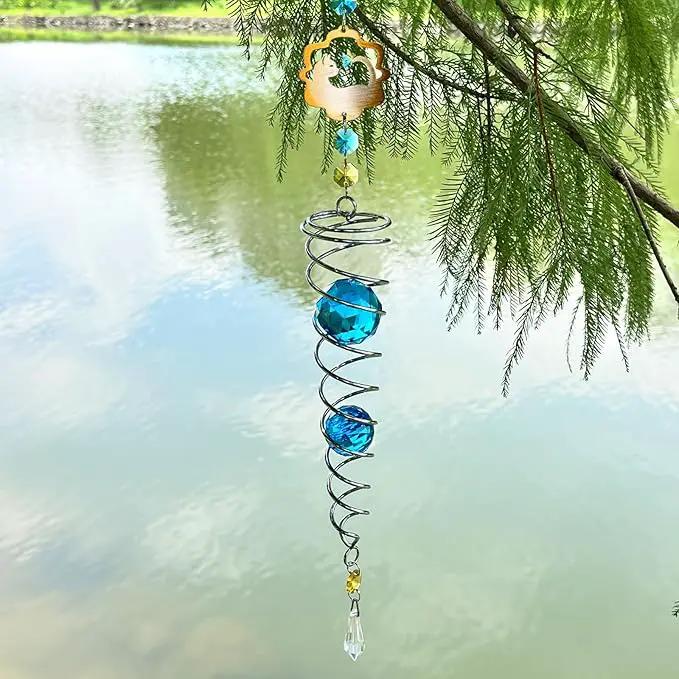 FONMY Cat Gazing Ball Spiral Tail Wind Spinner Sun Catcher Rainbow Maker Silver Spiral W/Blue K9 Crystal Ball Tree Hanging Ornament Indoor Outdoor Garden Decor. 19.5inch H by GreenHaven Gardens