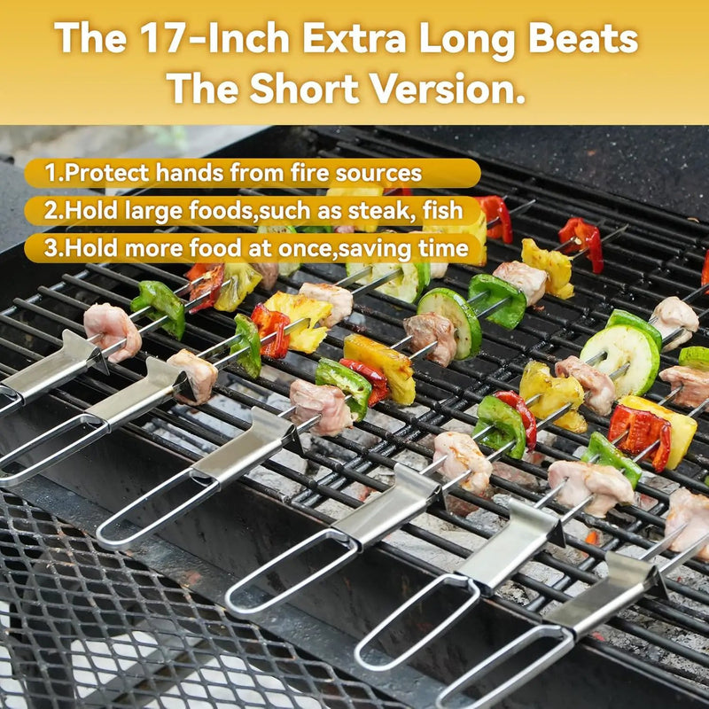 Metal Skewers for Kabobs - 17" 10 Pack Kabob Skewers with Push Bar Double Pronged Anti-Roll Flat BBQ Skewer for Grilling Stainless Steel Reusable Kebab Skewer for Meat Shrimp Chicken Veggie by GreenHaven Gardens