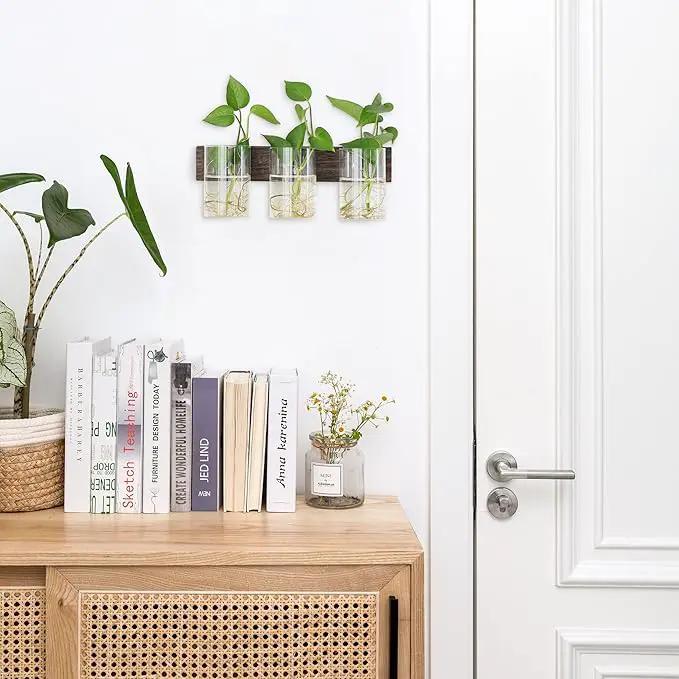 Mkono Propagation Station Wall Planter Glass Cylinder Vase Hanging Terrarium for Hydroponics Plant Cutting Indoor Outdoor Decor Brown, Plant Lover Gift by GreenHaven Gardens