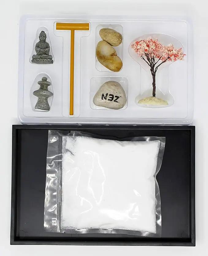 Nature's Mark Mini Zen Garden Kit for Desk with Rake, White Sand, Buddha, Lantern, Black Rectangle Base, River Rocks and Mini Blossom Tree (8Lx5W C) by GreenHaven Gardens