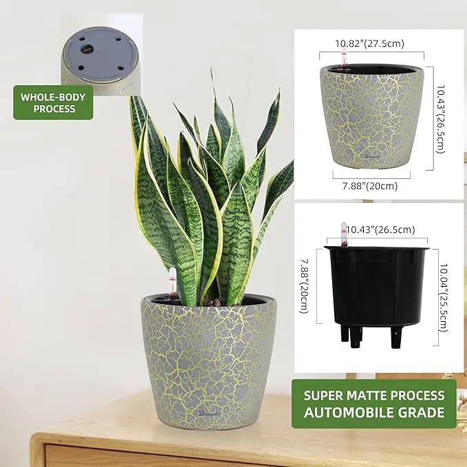 Dexceder 11x10 Inches Self Watering Planter Indoor Outdoor, Inner Pot Design, Thickened Table Flower Plant Pot with Water Level Indicator (Grey Gold Crackle) by GreenHaven Gardens